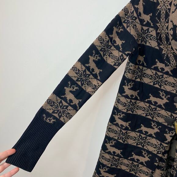 Neve Women's Sweater Coat Brown Black Merino Wool Toggle Buttons Deer Printed M - Picture 3 of 8